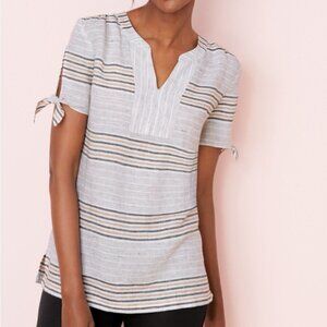 Talbots 100% Linen Breathable Tie Sleeve Shirt V-neck Lightweight Grey Stripe 1X